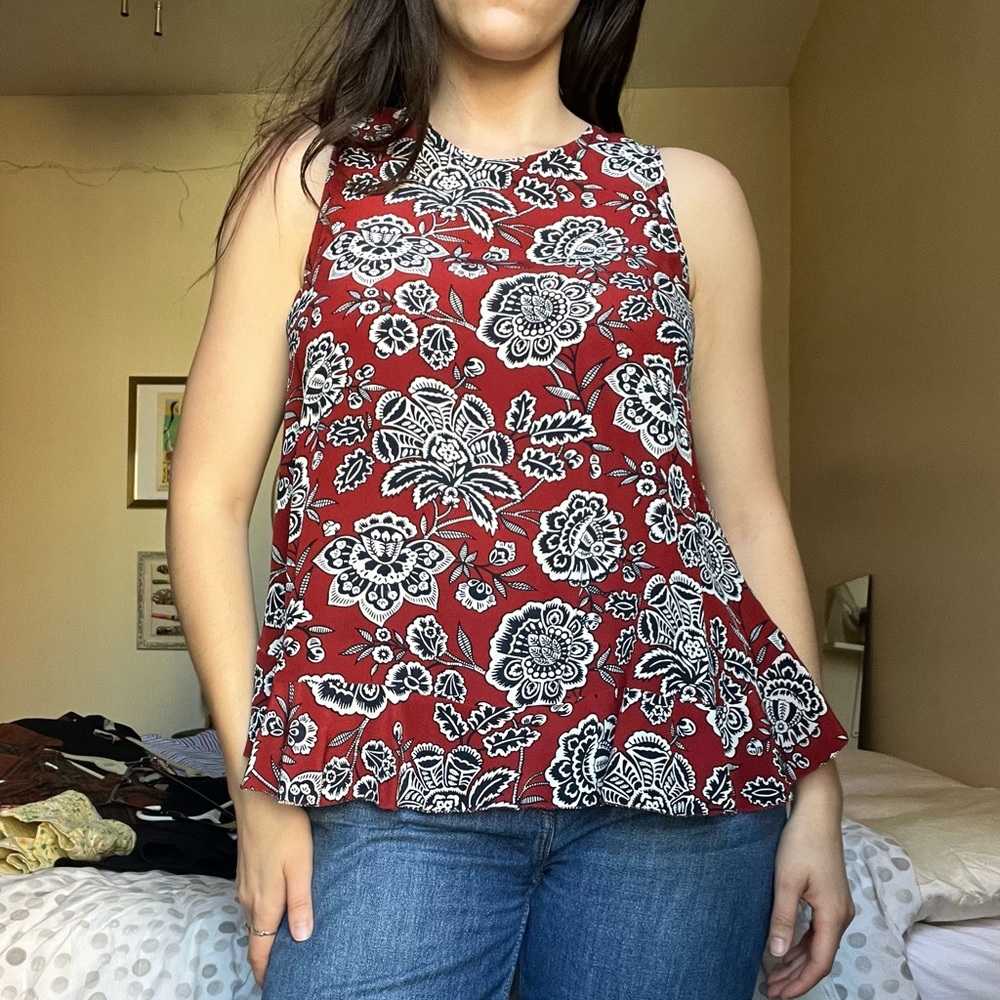 100% Silk Madewell Red/Navy/White Floral Tank Top/Blouse